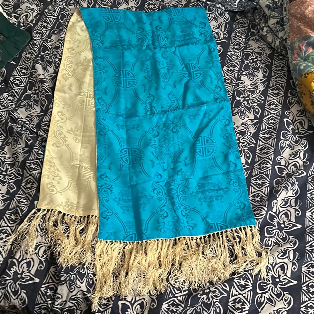 New Chinese Blue and Yellow Silk Patterned Scarf with Fringe, 14”x58” not fringe